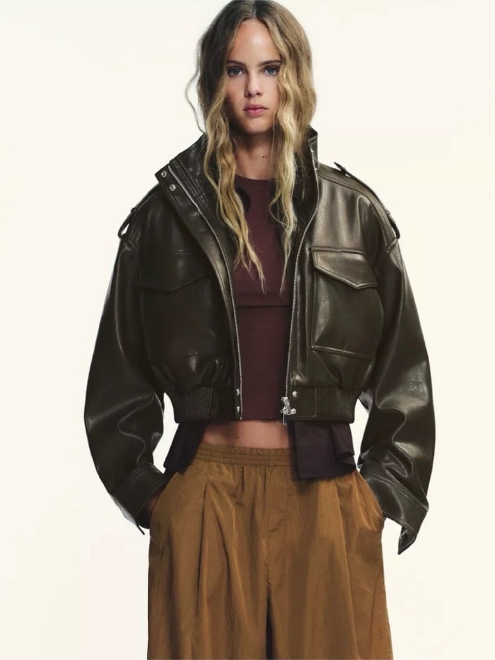 Zara Dark Olive Cropped Bomber Jacket